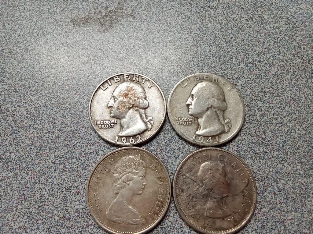 2 silver Washington Quarters 1962D and 1941, and