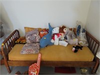 ANTIQUE TWIN BED, THROW PILLOWS, STUFFED ANIMALS,
