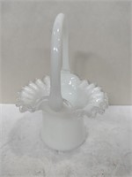 White milk glass ruffled basket 7 in tall