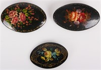 HAND PAINTED BLACK WOOD FLOWER PINS - LOT OF 3