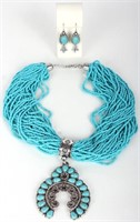 TURQUOISE BEADED NECKLACE & PENDANT & EARRINGS