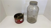 (1) glass Horlick’s malted milk jar (1) tin of