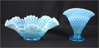 2 Pcs Fenton Blue Opalescent Hobnail Bowl & Vase