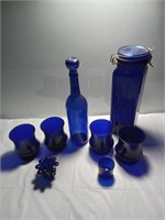 Vintage cobalt blue Wine decanter with 4 glasses,
