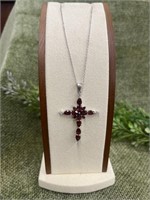 Red Garnet Sterling Silver Cross Pendant Necklace