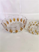 Clear and amber candy dish, creamer and sugar.