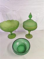 Frosted green glassware, candy dish and misc.