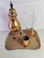 German Copper teapot, creamer, sugar and tray.