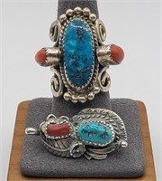 Navajo Sterling Turquoise & Coral Ring & Pendant