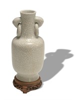 Chinese Ge Glazed Double Handle Vase, 19th C#