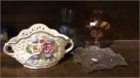Shelf lot, mixed glassware, vases, flower basket,