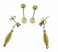 (2) Pair 14k Yellow Gold, Pearl & Garnet Earrings