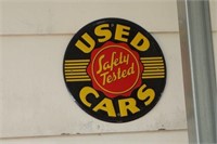 TIN SIGN - USED CARS ROUND, "SAFETY TESTED"