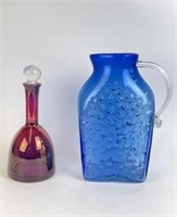 Art Glass Pitcher and Colored Glass Decanter