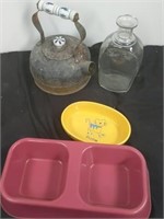 Group of pet bowls, old bottle and tea kettle