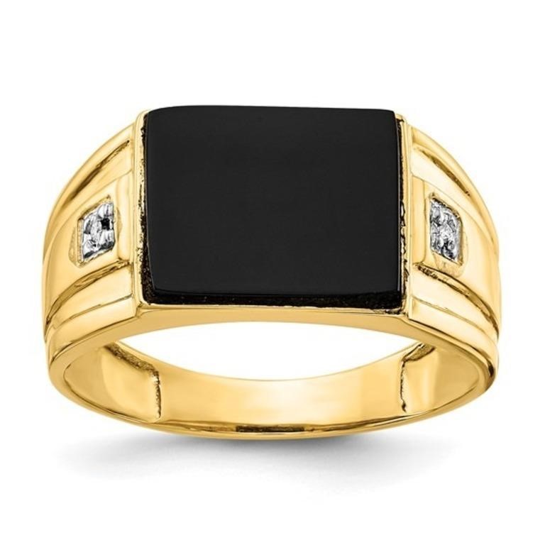 14k Yellow Gold Men's Onyx & Diamond Ring