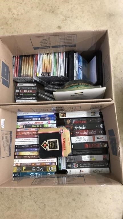 2 BOXES OF ASST CDS, DVDS, ETC