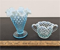 Fenton Blue Opalescent Hobnail Vase and Sugar