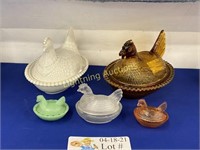 CERAMIC AND GLASS HEN ON NEST NUT DISHES