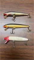 3 FISHING LURES /WHITE AND RED ONE IS WOODEN