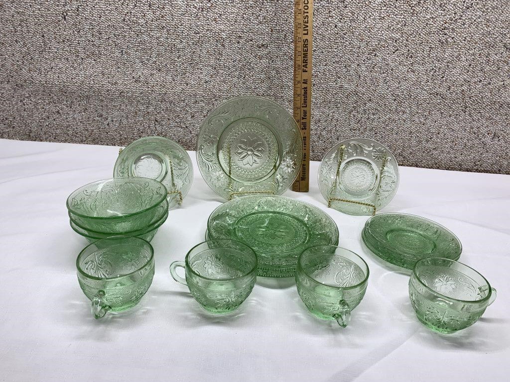 4 piece Pressed Green Glass plates, bowls& Cups