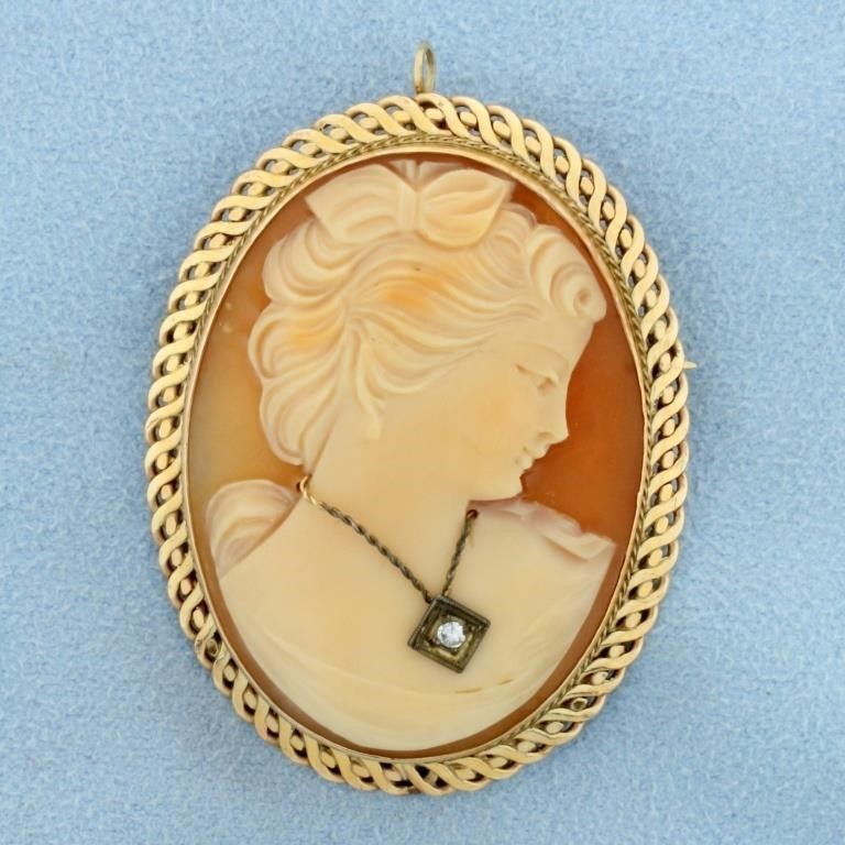 Large Vintage Diamond Cameo Pendant or Pin in 14K