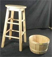 Wood stool 12" round x 25" h & woven  basket