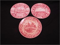 Three 10" red transferware plates: one is