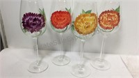 Lot of 4 hand painted long stemmed wine glasses