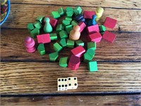 VINTAGE WOOD MONOPOLY PIECES AND DICE