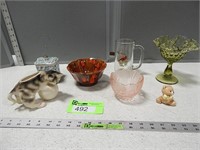 Covered trinket box; cat planter; glass bowls; gla