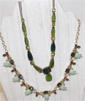 2 Gold Tone Green Stone Costume Necklaces