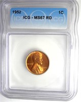 1952 Cent ICG MS67 RD LIST $1400 RARE HI GRADE