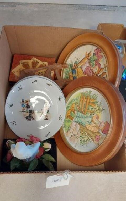 DECOR PLATE AND FIGURINES- 
CONTENTS OF BOX