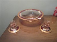 hand painted pink glass fruit bowl and  candle hol