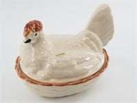 Pottery chicken on nest dish 7" long
