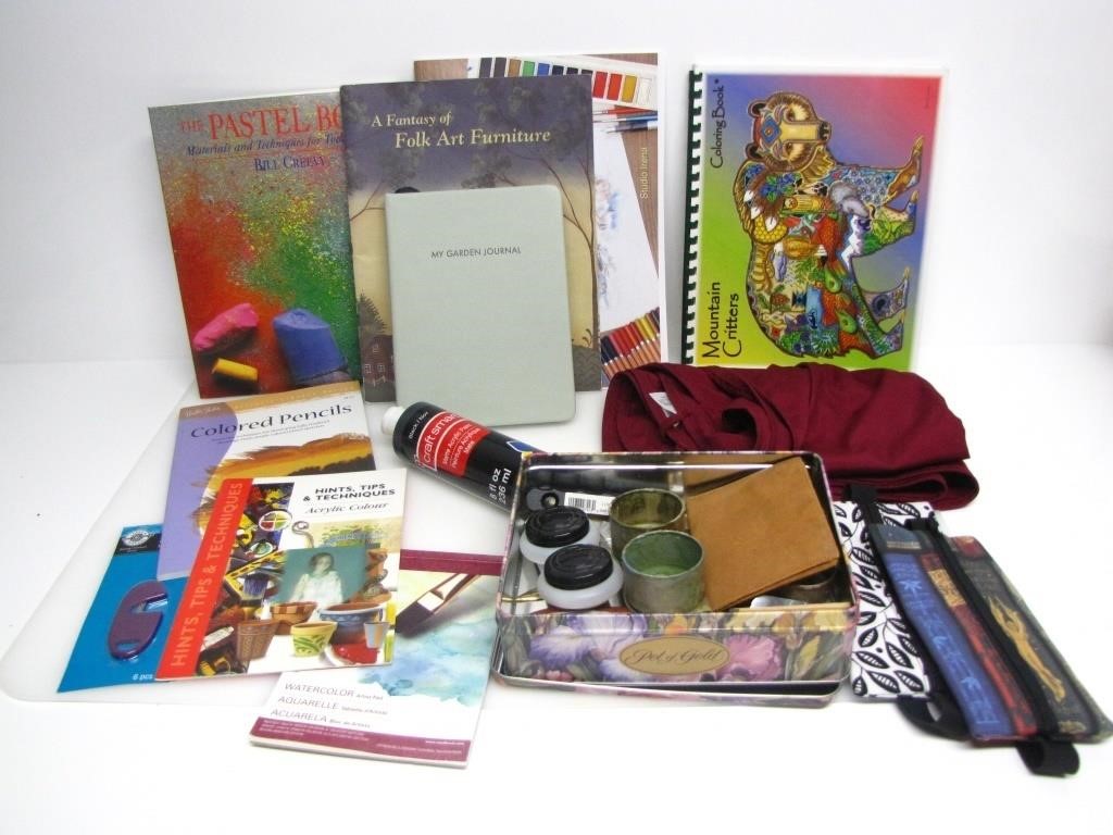 ASSORTED ART SUPPLIES, REFERENCE & COLOURING BOOKS