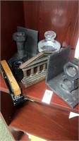 Stapler, caster iron bookends, candy jar