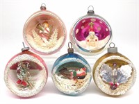 5 Vintage Japan Diorama Glass Christmas Ornaments
