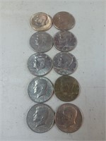 10 Kennedy halves from 1971 through 2021 various