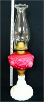 Vintage 19in cranberry satin oil lamp