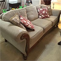 TAN SOFA WITH WOODEN ACCENTS 90X36X33