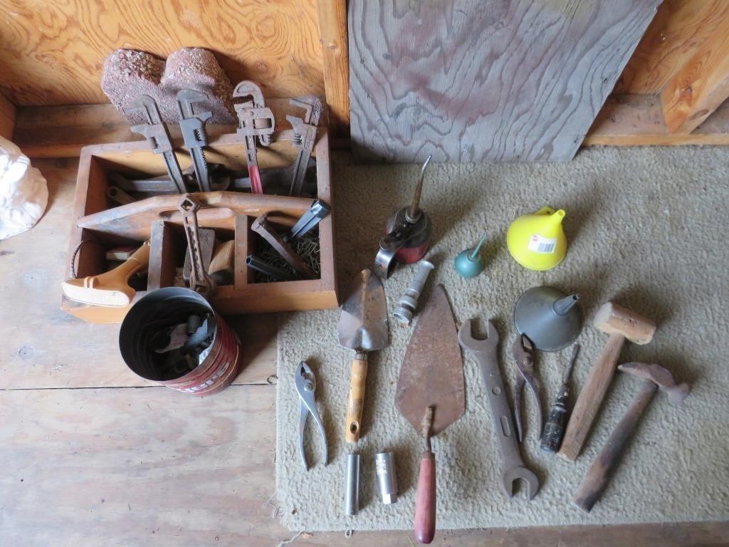 Wood nail box, oil can, & old tools