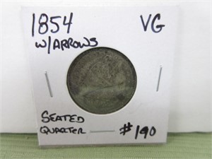 1854 w/Arrows Seated Quarter – VG