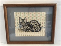 CROSS STITCH ART CAT WITH BLUE BOW FRAMED