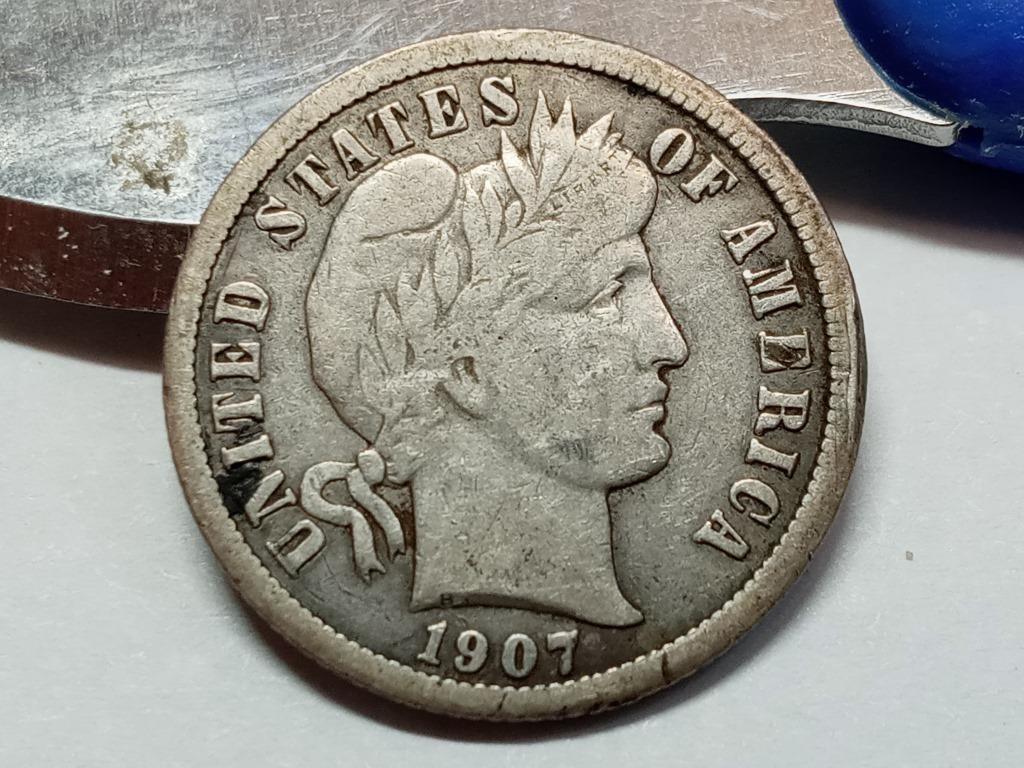 OF) Full Liberty 1907 silver Barber dime