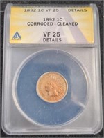 1892 Indian Head Penny coin ANACS VF25