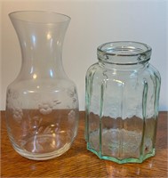 Vintage Etched Water Carafe & Aqua Italian Jar