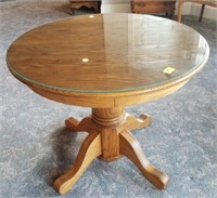 OAK PEDESTAL DINETTE TABLE WITH GLASS TOP