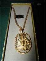 Hand Engraved Gold Colored Ship Pendant w/Chain